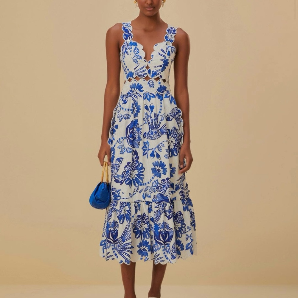 Farm Rio Off-White Flowerful Birds Midi Dress